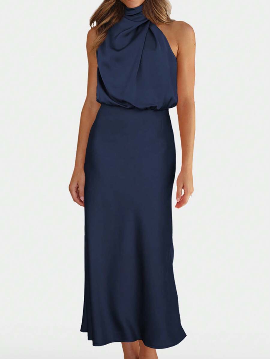 Women's Satin Cowl Neck Halter Midi Dress, Lined Silky Dress for Wedding Guest and Evening - Black