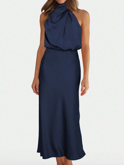 Women's Satin Cowl Neck Halter Midi Dress, Lined Silky Dress for Wedding Guest and Evening - Black