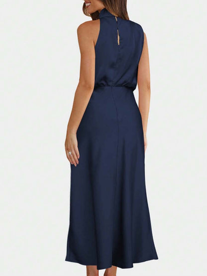 Women's Satin Cowl Neck Halter Midi Dress, Lined Silky Dress for Wedding Guest and Evening - Black