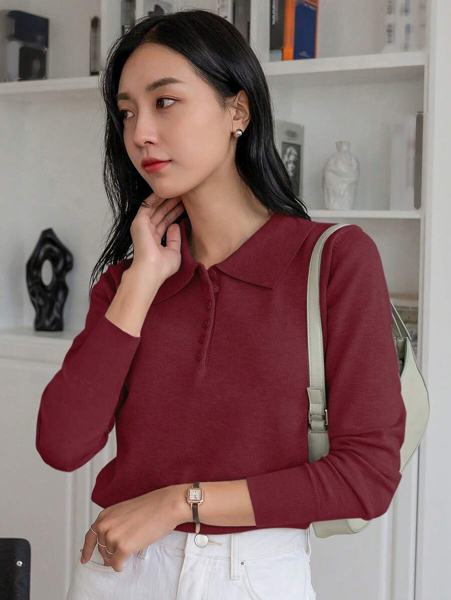 Linnea Solid Polo Button Front Long Sleeve Sweater - Burgundy