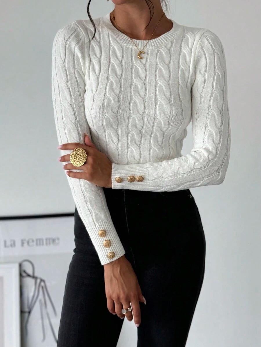 Nerissa Slim Cable Knit Sweater with Crew Neck and Button Detail - White