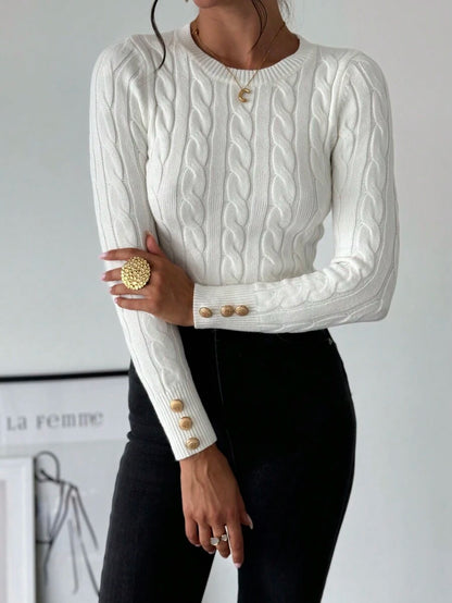 Nerissa Slim Cable Knit Sweater with Crew Neck and Button Detail - White