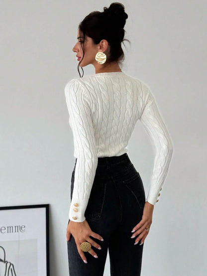 Nerissa Slim Cable Knit Sweater with Crew Neck and Button Detail - White