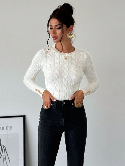 Nerissa Slim Cable Knit Sweater with Crew Neck and Button Detail - White