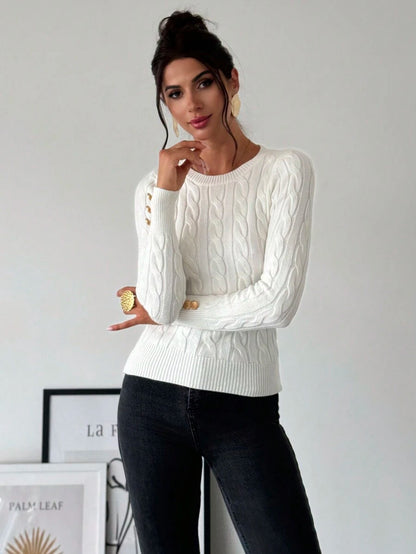 Nerissa Slim Cable Knit Sweater with Crew Neck and Button Detail - White