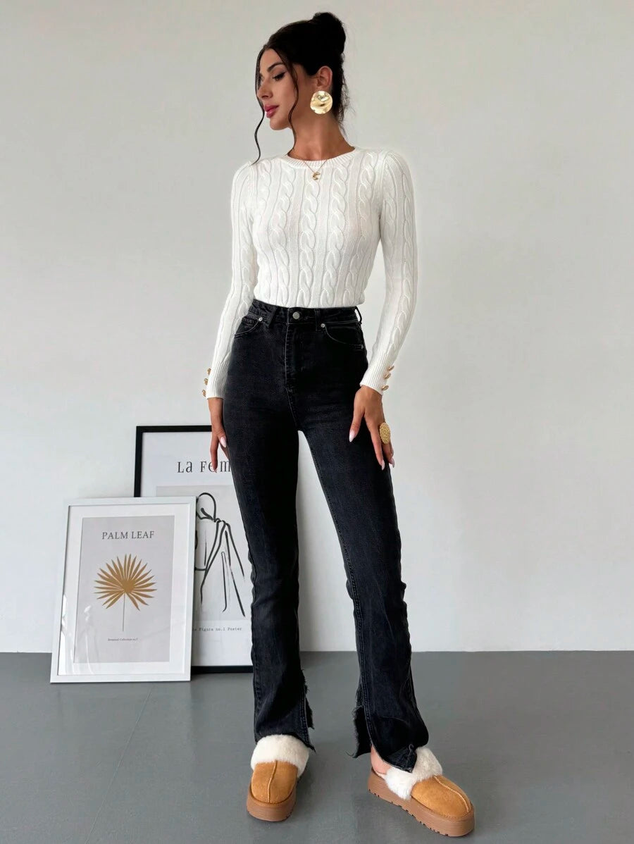 Nerissa Slim Cable Knit Sweater with Crew Neck and Button Detail - White