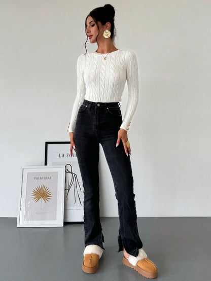 Nerissa Slim Cable Knit Sweater with Crew Neck and Button Detail - White