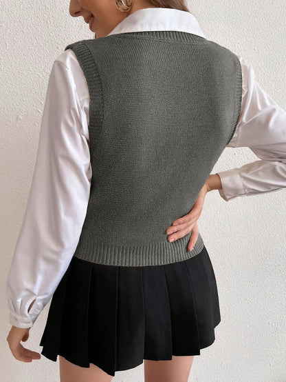 Winifred Classic Cable Knit V-Neck Sleeveless Sweater Vest - Charcoal Grey