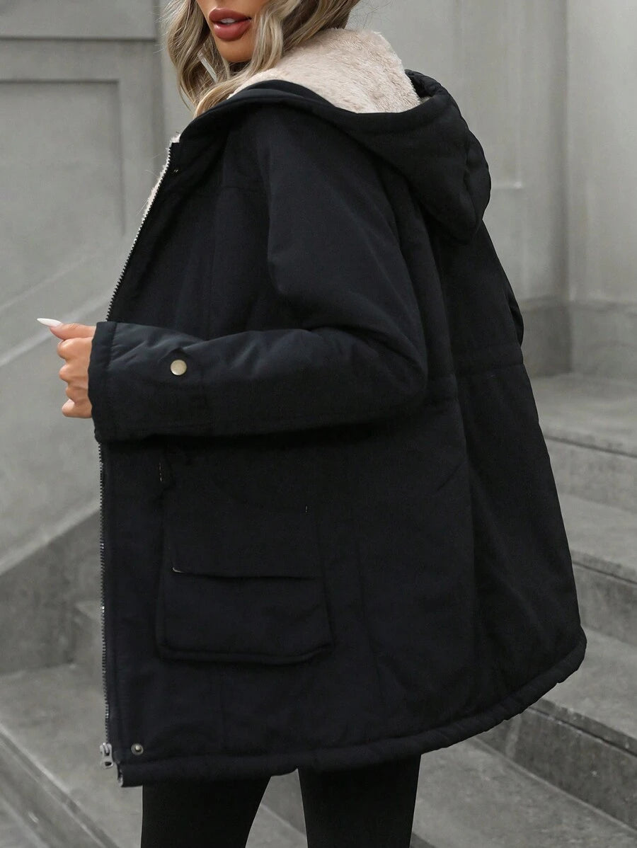 Cassia Hooded Padded Puffer Coat with Drawstring Waist - Black