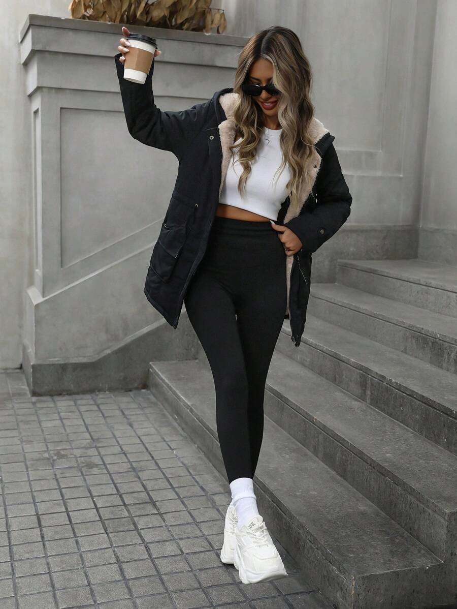Cassia Hooded Padded Puffer Coat with Drawstring Waist - Black
