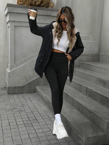 Cassia Hooded Padded Puffer Coat with Drawstring Waist - Black