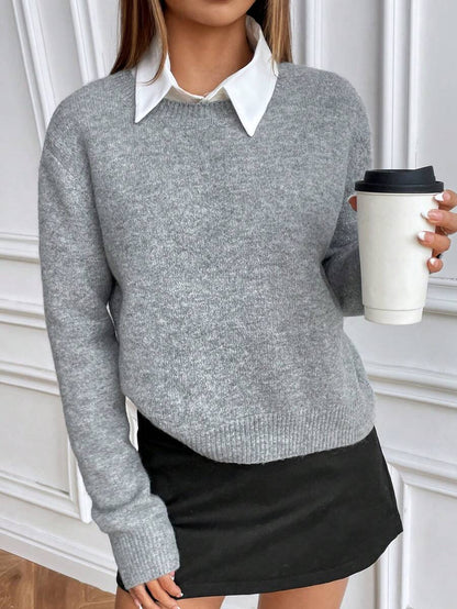 Women's Crew Neck Ribbed Knit Sweater, Fitted Pullover for Fall Winter - Black