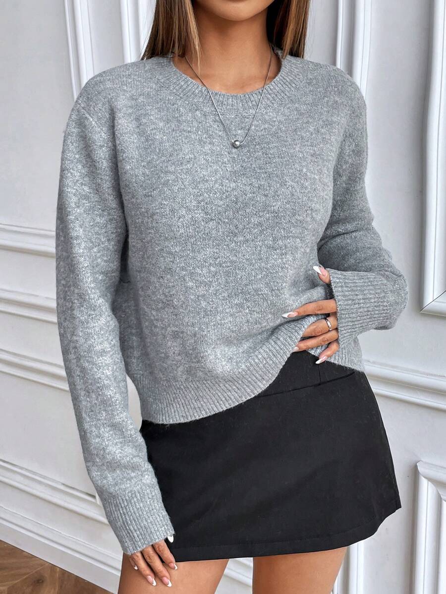 Women's Crew Neck Ribbed Knit Sweater, Fitted Pullover for Fall Winter - Grey