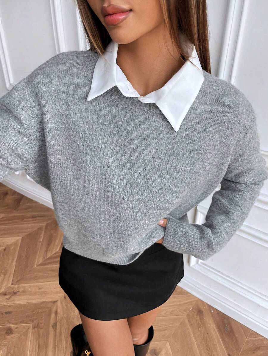 Women's Crew Neck Ribbed Knit Sweater, Fitted Pullover for Fall Winter - Pink