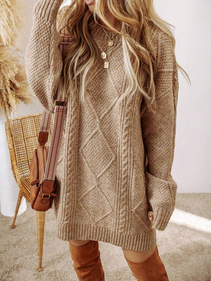 Alina Oversized Cable Knit Sweater Dress - Apricot