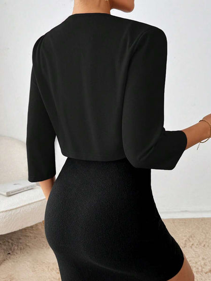 Philomena Pleated Neckline Open Front Cropped Knit Blazer - Black
