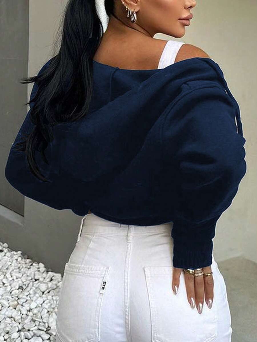 Edith Zip Up Drawstring Crop Hoodie - Black