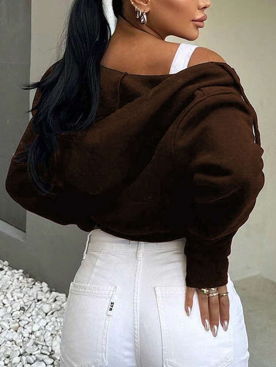 Edith Zip Up Drawstring Crop Hoodie - Brown