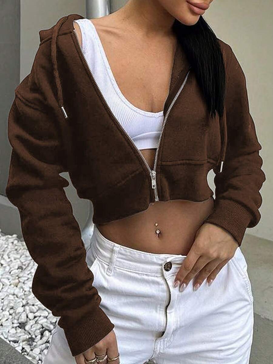 Edith Zip Up Drawstring Crop Hoodie - Royal Blue