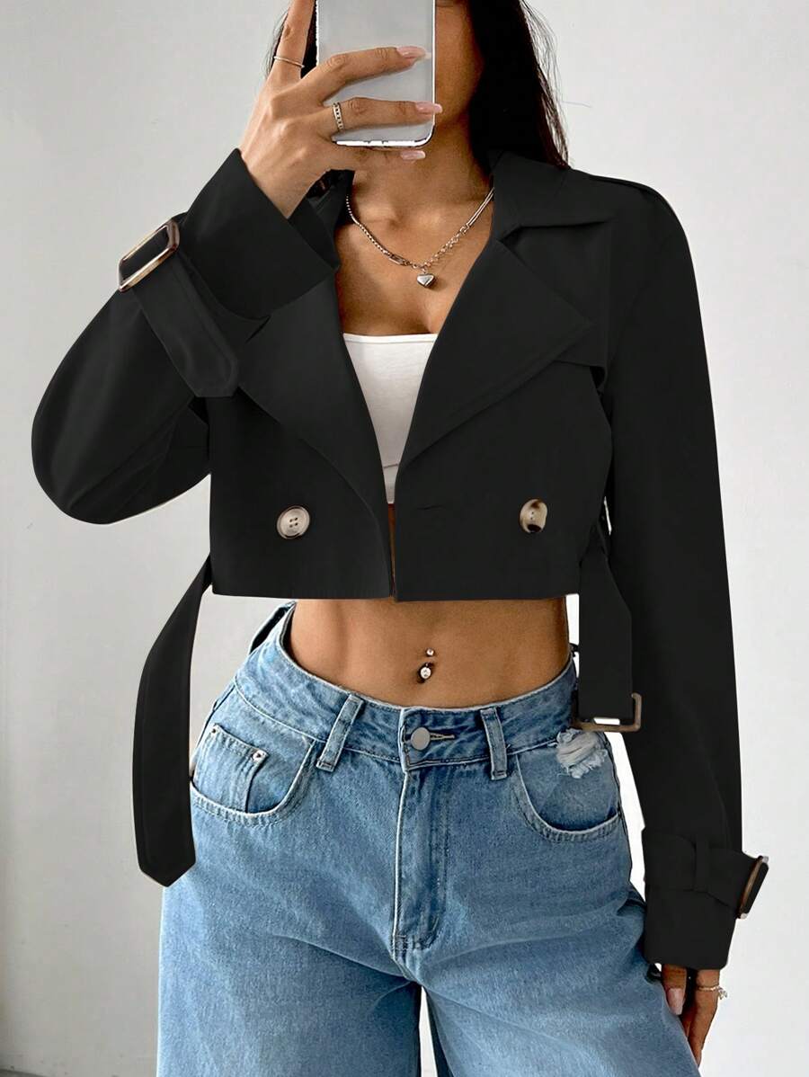 Dublin Cropped Double Breasted Trench Jacket with Belt - Black