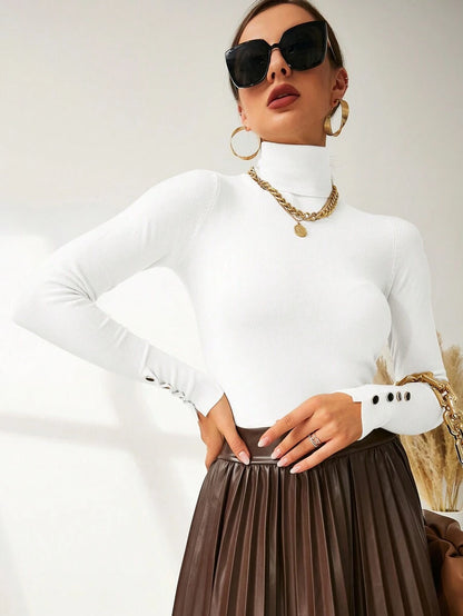 Leuven Ribbed Mock Neck Fitted Sweater with Button Cuffs