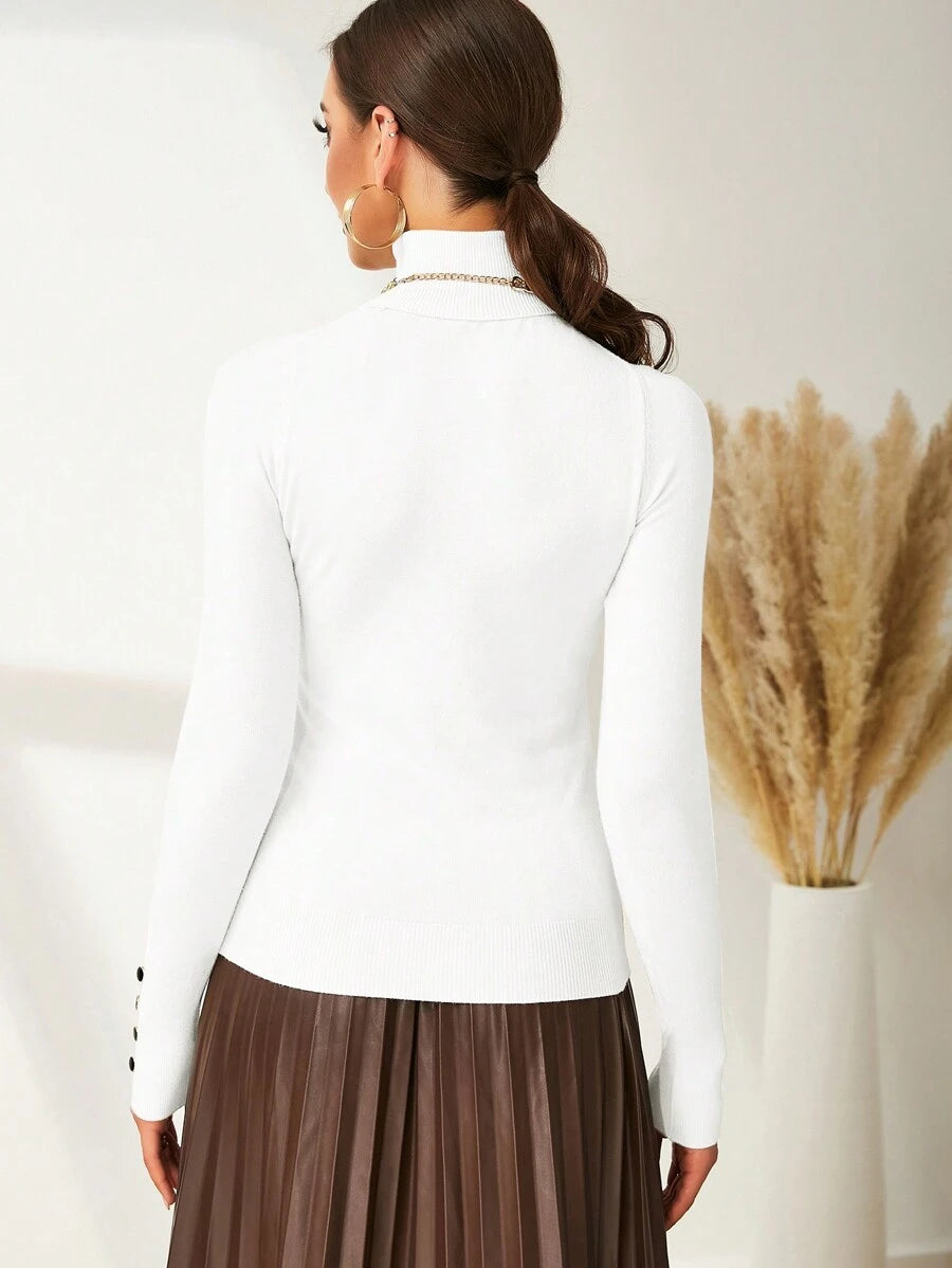 Leuven Ribbed Mock Neck Fitted Sweater with Button Cuffs