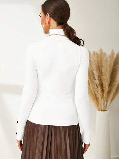 Leuven Ribbed Mock Neck Fitted Sweater with Button Cuffs
