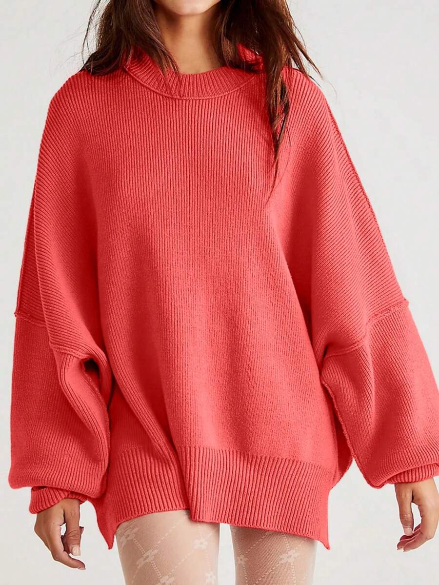 Josette Mock Neck Oversized Split Hem Drop Shoulder Sweater - Red