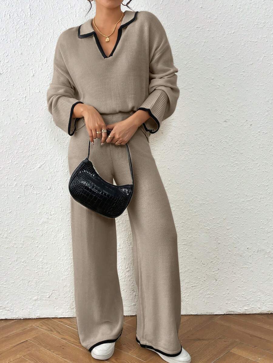 Kelowna V Neck Contrast Trim Sweater and Wide Leg Knit Pants Set - Khaki