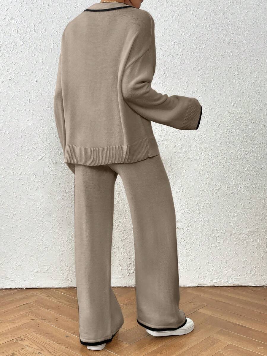 Kelowna V Neck Contrast Trim Sweater and Wide Leg Knit Pants Set