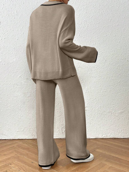 Kelowna V Neck Contrast Trim Sweater and Wide Leg Knit Pants Set