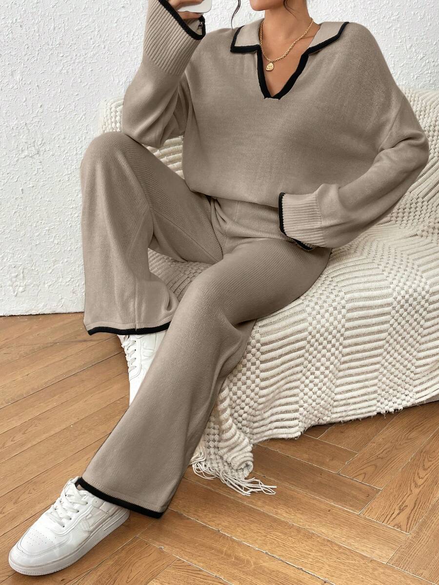 Kelowna V Neck Contrast Trim Sweater and Wide Leg Knit Pants Set