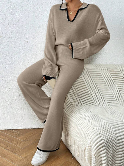 Kelowna V Neck Contrast Trim Sweater and Wide Leg Knit Pants Set