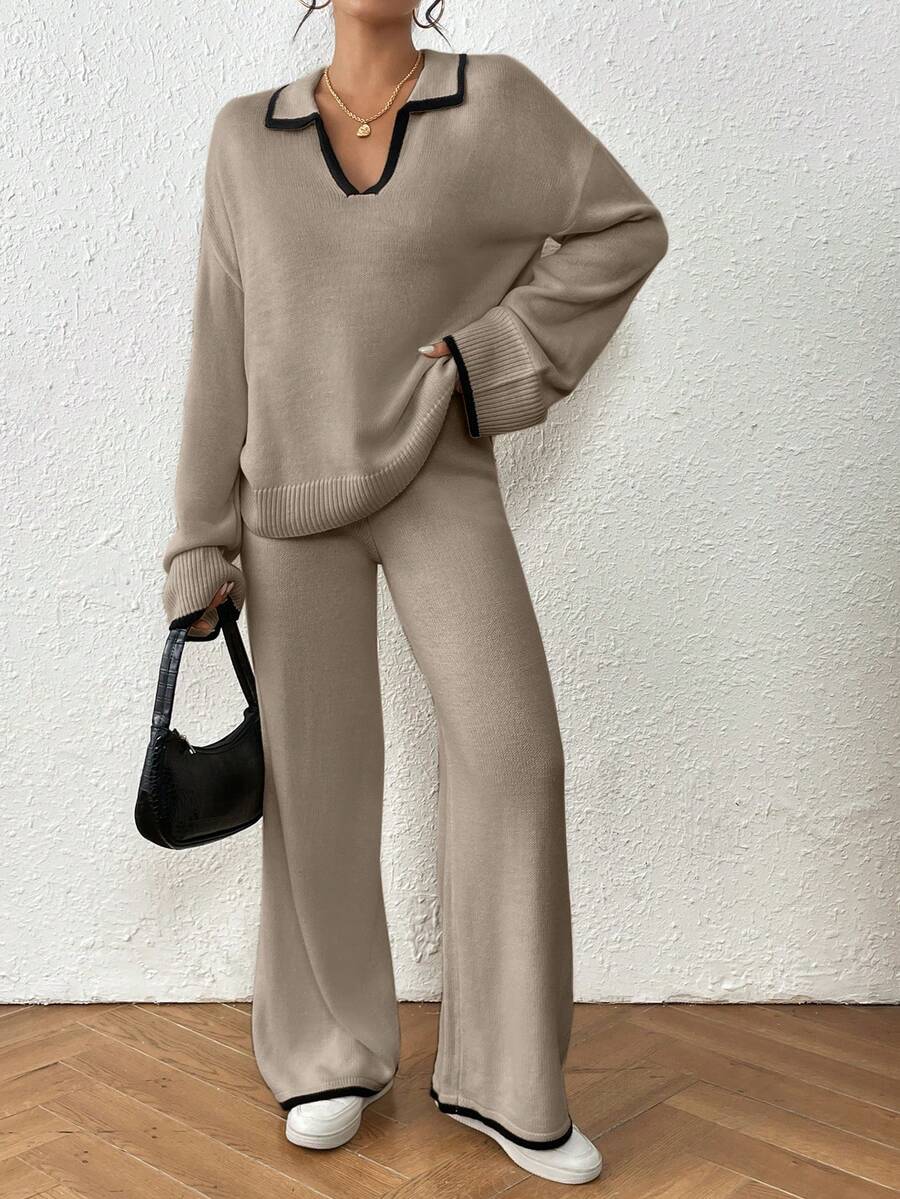 Kelowna V Neck Contrast Trim Sweater and Wide Leg Knit Pants Set