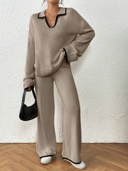 Kelowna V Neck Contrast Trim Sweater and Wide Leg Knit Pants Set