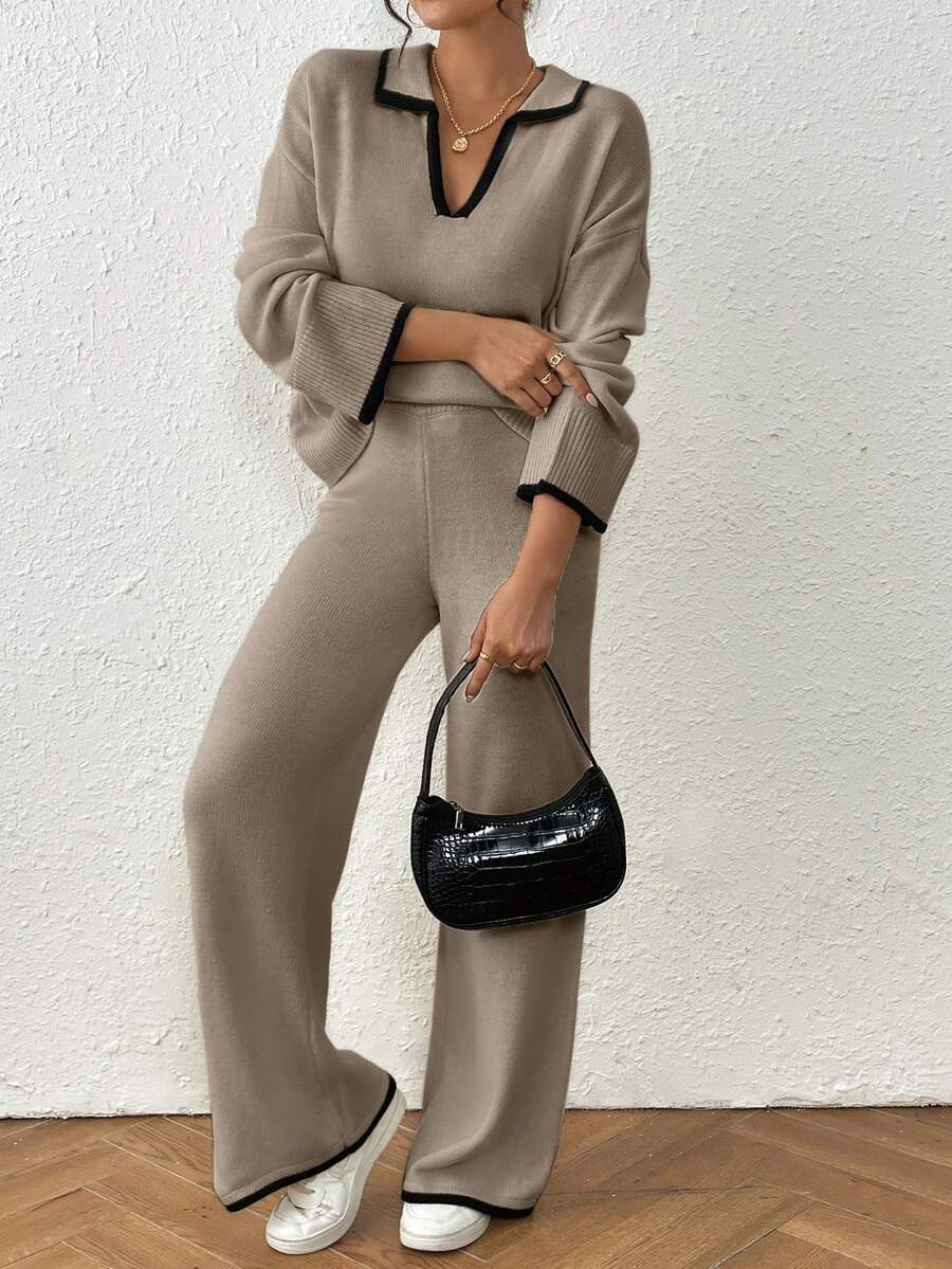 Kelowna V Neck Contrast Trim Sweater and Wide Leg Knit Pants Set