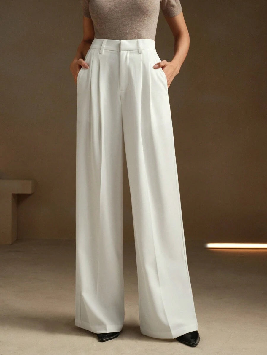 Women's Pleated Wide Leg Dress Trousers, Stretch Tailored Pants for Work Office - Grey