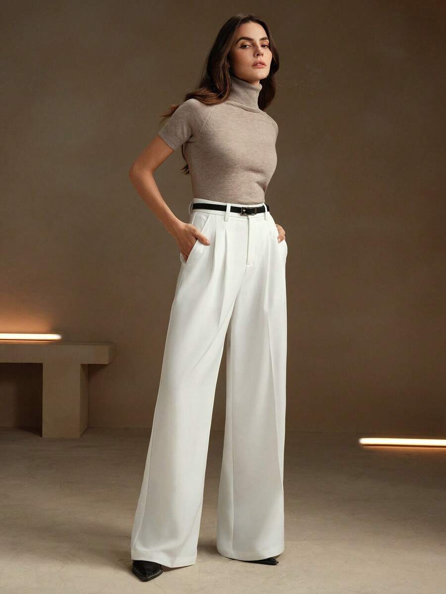 Women's Pleated Wide Leg Dress Trousers, Stretch Tailored Pants for Work Office - Orange