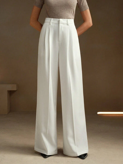 Women's Pleated Wide Leg Dress Trousers, Stretch Tailored Pants for Work Office - White