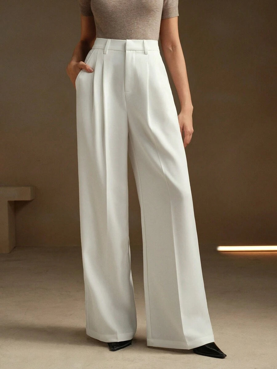 Women's Pleated Wide Leg Dress Trousers, Stretch Tailored Pants for Work Office - Coral Pink