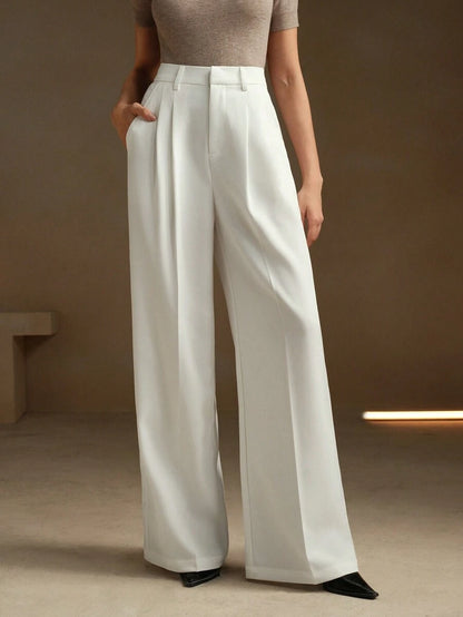 Women's Pleated Wide Leg Dress Trousers, Stretch Tailored Pants for Work Office - Coral Pink