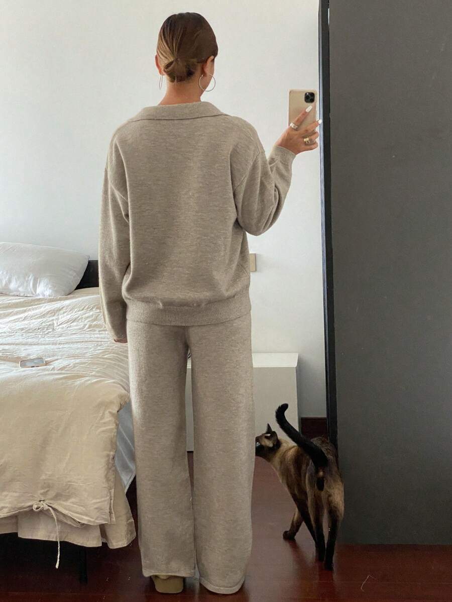Women's Collared Knit Sweater and Wide Leg Pants Set, Two Piece Matching Outfit for Fall - Camel