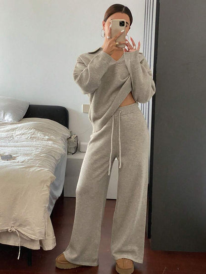 Women's Collared Knit Sweater and Wide Leg Pants Set, Two Piece Matching Outfit for Fall - Black