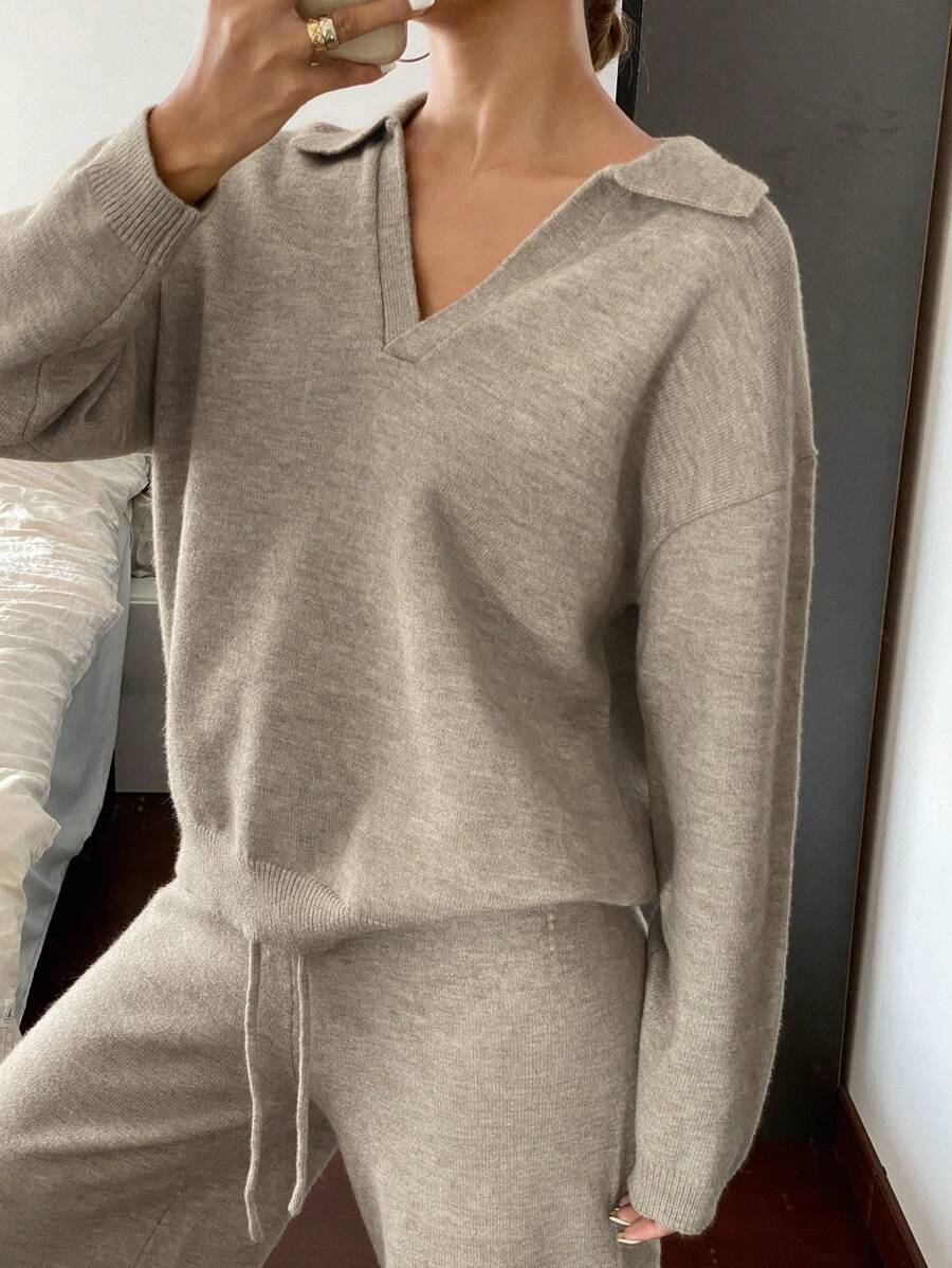 Women's Collared Knit Sweater and Wide Leg Pants Set, Two Piece Matching Outfit for Fall - Camel