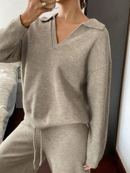 Women's Collared Knit Sweater and Wide Leg Pants Set, Two Piece Matching Outfit for Fall - Camel