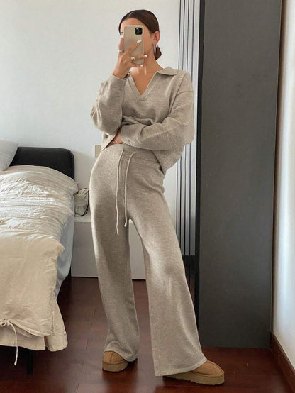 Women's Collared Knit Sweater and Wide Leg Pants Set, Two Piece Matching Outfit for Fall - Navy Blue