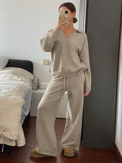 Women's Collared Knit Sweater and Wide Leg Pants Set, Two Piece Matching Outfit for Fall - Black