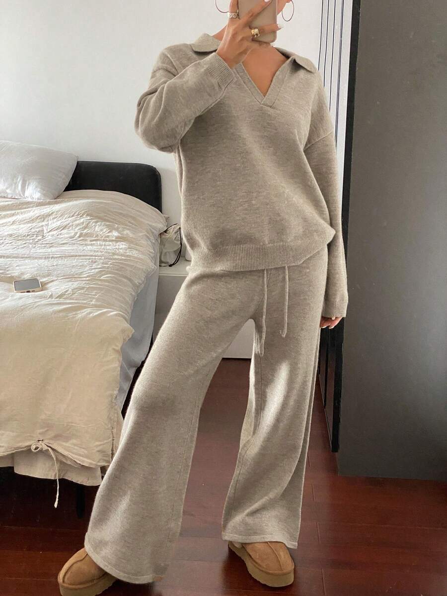 Women's Collared Knit Sweater and Wide Leg Pants Set, Two Piece Matching Outfit for Fall - Navy Blue