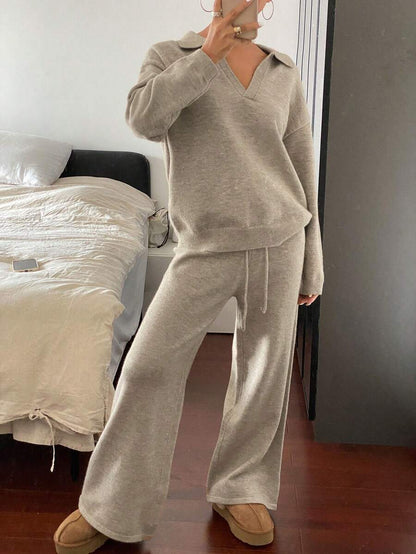 Women's Collared Knit Sweater and Wide Leg Pants Set, Two Piece Matching Outfit for Fall - Navy Blue
