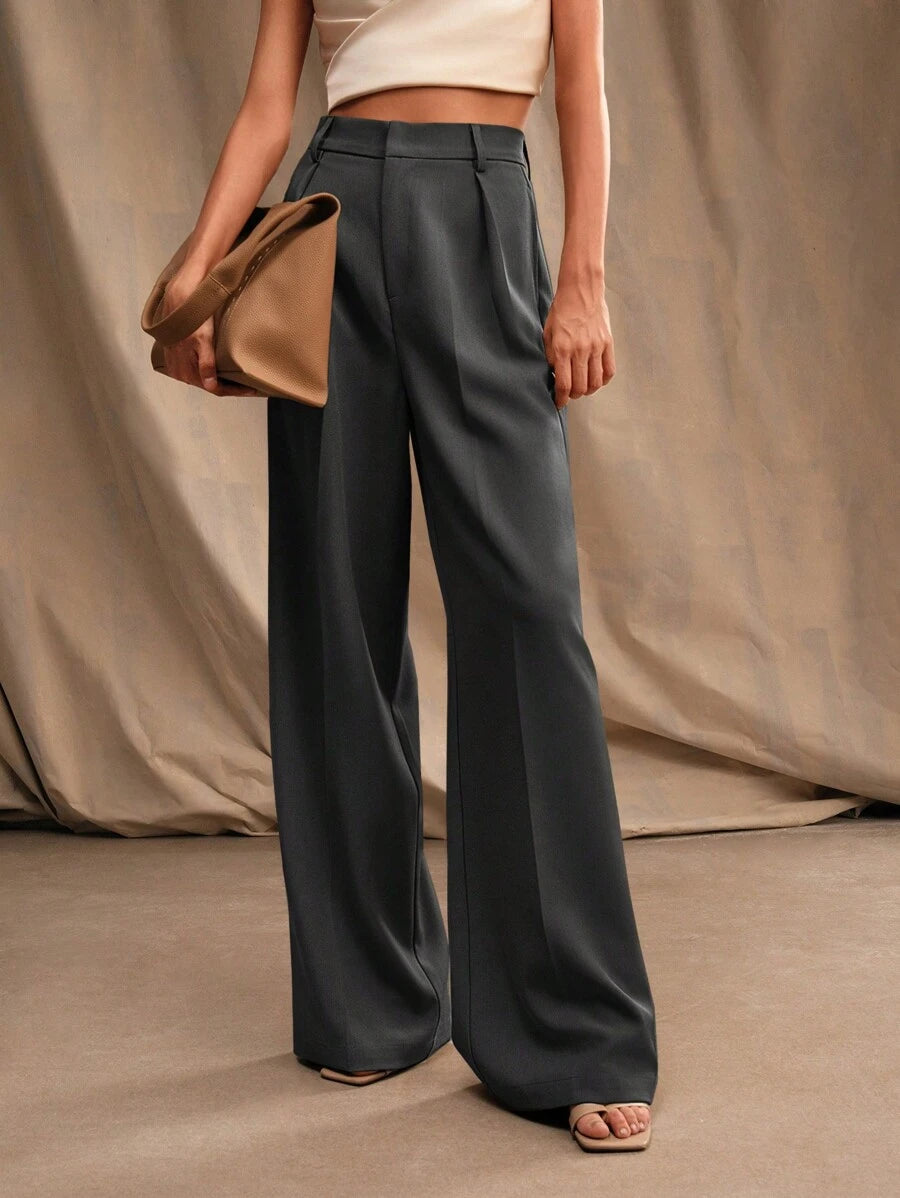 Tatiana Pleated High Waist Wide Leg Trousers with Pockets - Orange